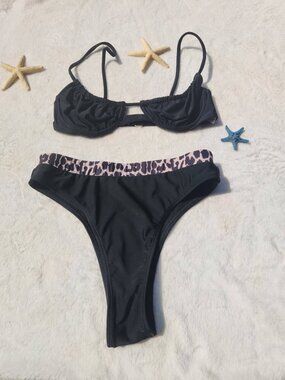 Small Women's Black Leopard 2pc Bikini Bathing Suit Swimwear Beach Pool Sexy